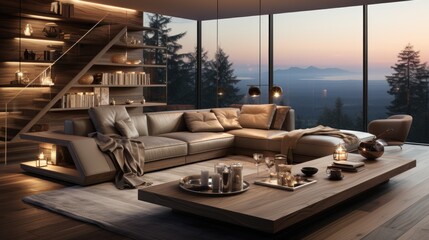 Modern living room with large windows overlooking a mountain range at sunset.