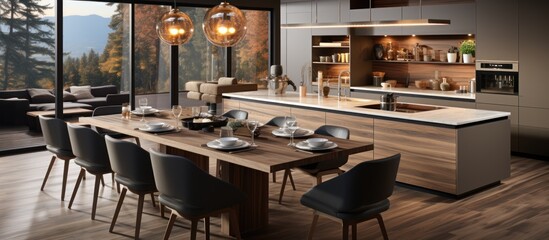 Modern kitchen with dining table and chairs set in front of large windows with an autumnal view.