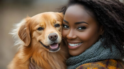 Woman and Golden Retriever Dog Close Up Portrait Photo