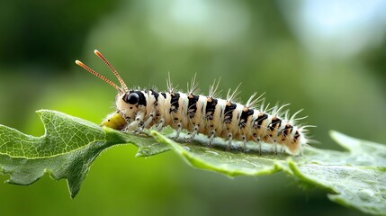 Fototapeta premium Caterpillar eating a leaf, green hues enhanced, macro showing mouthparts