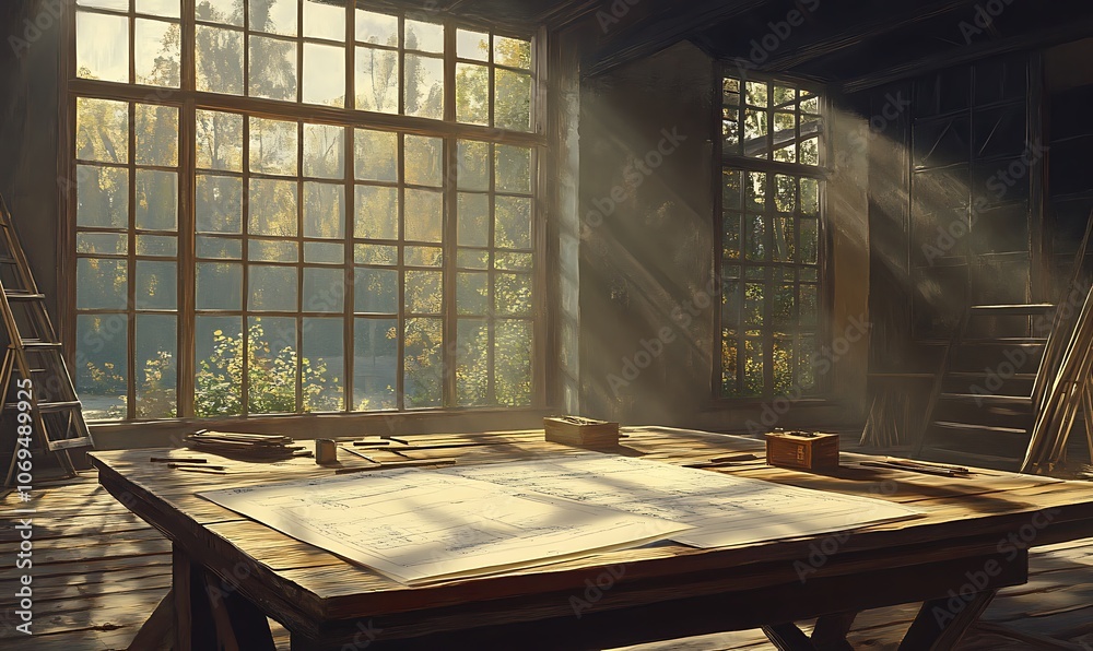 Poster A sunlit workshop with a wooden table surrounded by large windows, casting soft light and creating a calm, tranquil atmosphere.
