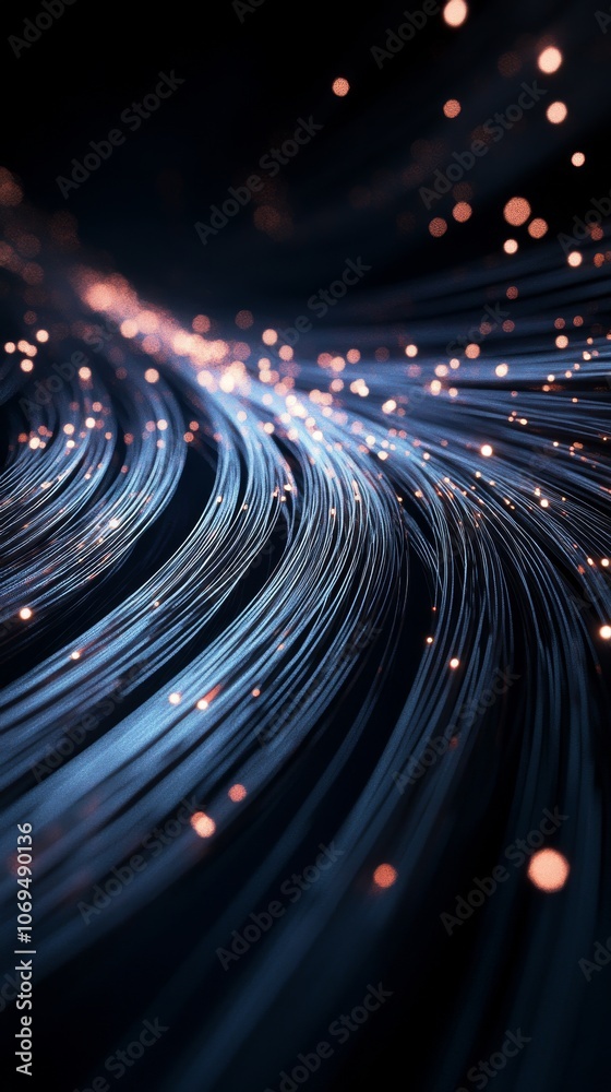 Poster flowing digital fibers with glowing lights, abstract background. technology and innovation concept