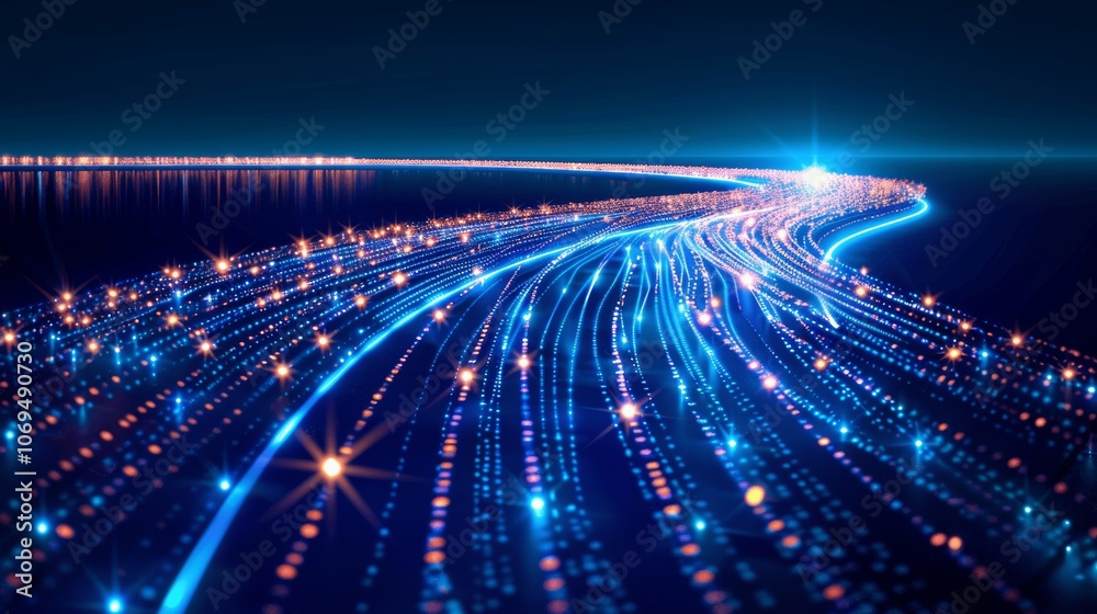Poster Digital Highway with Binary Code and Light Trails on Dark Blue Background - Futuristic Technology Concept - Abstract Digital Road in Night Sky - Big Data Flow - 3D Illustration