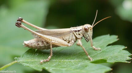 Green grasshopper hidden among reeds, closeup shot with soft, natural light