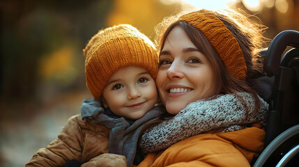 Obraz premium Smiling Mother and Son in Autumn - Realistic Image