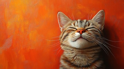 Close-up of a Tabby Cat's Face Against an Orange Background