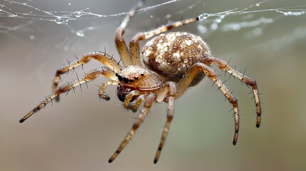 Spider s legs grasping a dewy web, intricate silk lines, macro shot with soft background