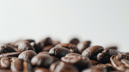 Obraz premium Freshly roasted coffee beans arranged in a close-up view on a clean white backdrop capturing the deep brown color and textured surface ideal for coffee packaging and marketing materials