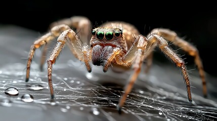 Spider s legs grasping a dewy web, intricate silk lines, macro shot with soft background