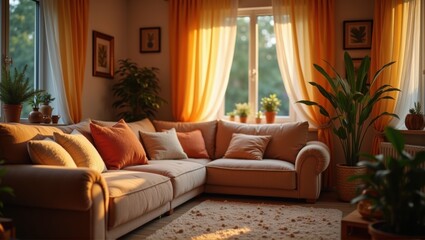 Cozy living room with a sofa, cushions, plants, candle, and warm lighting. Generative, AI,