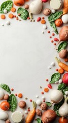 A fresh arrangement of colorful vegetables and herbs surrounds a neutral background, perfect for healthy cooking and recipe presentations.