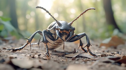 Fototapeta premium Stag beetle on forest floor, closeup showing sharp mandibles, soft focus surrounding
