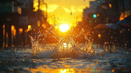 Naklejka premium Water Splashing in the City at Sunset