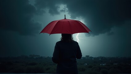 Person with red umbrella standing under stormy sky with lightning, evoking mood and drama. Generative, AI,