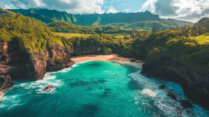 Fototapeta premium A dramatic coastline with rugged cliffs, crashing waves, and clear, turquoise water revealing hidden coves and sandy beaches.
