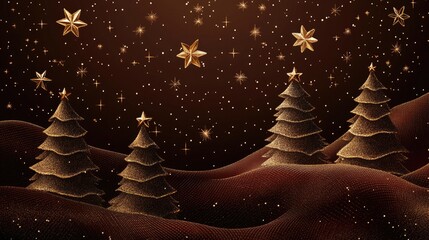A luxurious woven fabric background with delicately embroidered Christmas trees and stars in shimmering gold thread, creating an elegant and festive atmosphere.