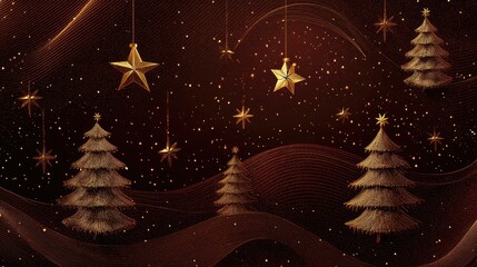 A luxurious woven fabric background with delicately embroidered Christmas trees and stars in shimmering gold thread, creating an elegant and festive atmosphere.
