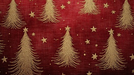 A luxurious woven fabric background with delicately embroidered Christmas trees and stars in shimmering gold thread, creating an elegant and festive atmosphere.