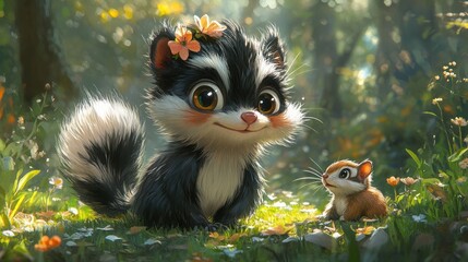 A cute cartoon skunk with a flower in its hair sits in a forest with a cute little squirrel.