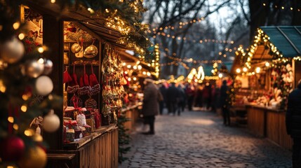 Fototapeta premium A vibrant Christmas market with vendors selling handcrafted gifts, glowing string lights, and festive garlands. --ar 16:9 --v 6.1 Job ID: 5e26f9dd-68bb-4594-b335-178dd723277f