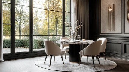 Elegant Dining Room with Large Windows and Modern Decor