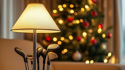 Cozy Room with Golf Clubs and Christmas Tree Lights