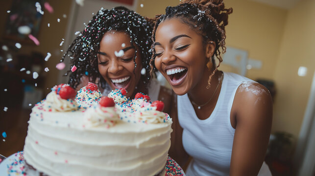 african american LGBT lesbian and bisexual couple in elegant white outfits happily celebrate with a cream cake topped with strawberries