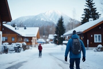 A man walks down a snowy street in a winter village with a mountain in the background.
