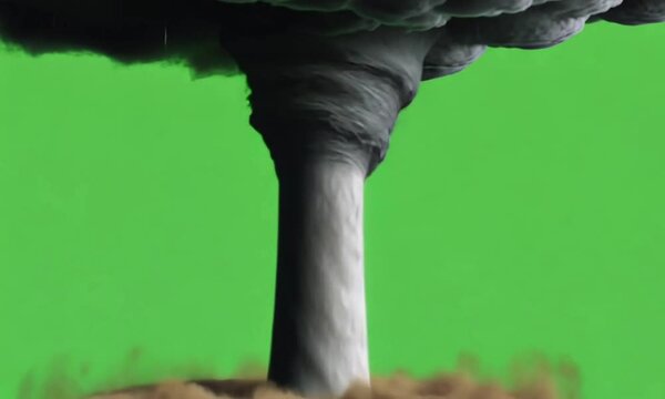 black clouds spinning tornadoes and lightning flashing on green screen