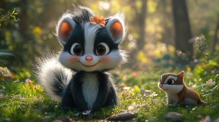 Fototapeta premium A cute cartoon skunk with a flower in its hair sits in a field of wildflowers, looking at the camera with a friendly smile. A small squirrel peeks out from behind the skunk.