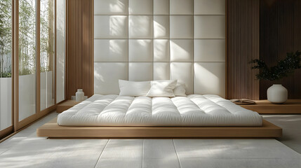 Minimalist Bedroom Interior Design with Futon Bed, Wooden Panels and Natural Light Illustration