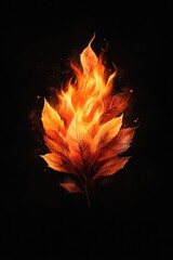 Burning leaf, vibrant flames, dark background.