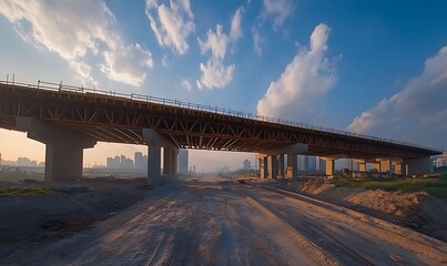 A scenic view of an under-construction bridge, surrounded by a clear sky and earthwork, showcasing modern infrastructure development.