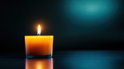 Candle with flame on dark background, creating a calming atmosphere.