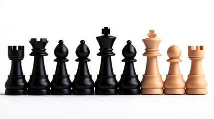 Chess pieces arranged in a row, black and wooden colors, white isolated background.