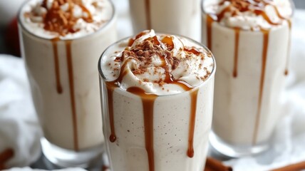 Close-up of three glasses of creamy milkshakes topped with whipped cream, cinnamon, and caramel drizzle
