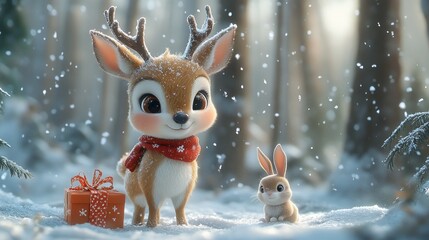 A cute cartoon deer with antlers wearing a red scarf stands next to a rabbit in the snow with a Christmas present in front of them.