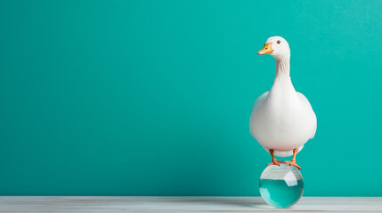 golden goose balancing crystal orb on its beak, showcasing unique and whimsical scene. vibrant background adds playful touch to this captivating image