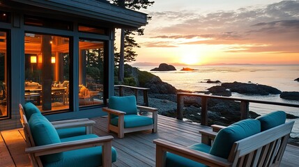 Fototapeta premium Scenic Sunset from Stylish Oceanfront Deck