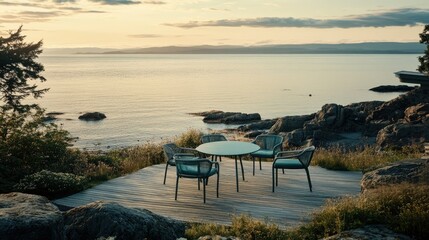 Fototapeta premium Serene Coastal Deck with Ocean View at Sunset