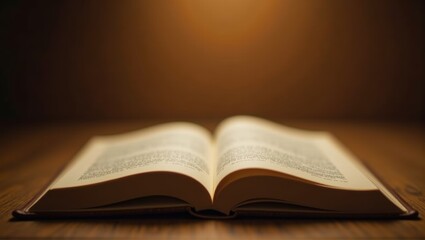 Obraz premium Open book on a wooden table under warm light, creating a cozy atmosphere for reading or studying. Generative, AI.