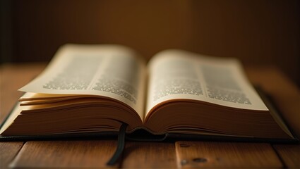 Open book on a wooden table under warm light, creating a cozy atmosphere for reading or studying. Generative, AI.
