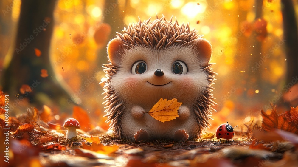 Canvas Prints A cute cartoon hedgehog sits in a forest with a yellow leaf in its paws and a ladybug beside it.