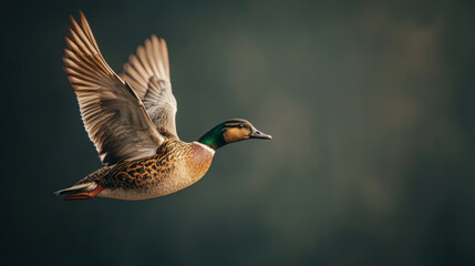 Obraz premium duck flying gracefully through air, showcasing its vibrant plumage and strong wings. serene background enhances beauty of this majestic bird in motion