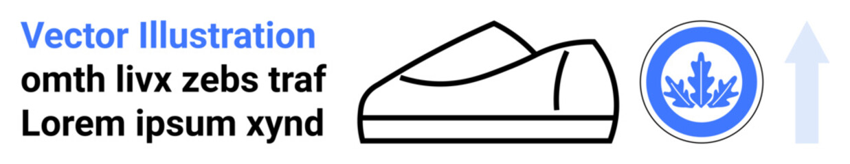 Simple line-art shoe, abstract badge with blue elements, upward arrow, and random placeholder text. Ideal for modern design, footwear themes, abstract art, vector graphics, minimalistic design