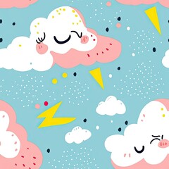 Cartoon clouds with happy faces, lightning bolts, and dots on a blue background