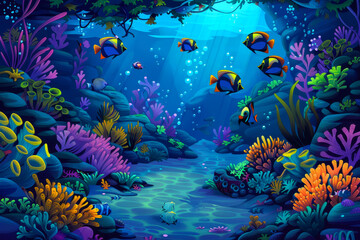 Vivid Underwater Paradise, Coral Reef Scene with Colorful Fish, Marine Life Background