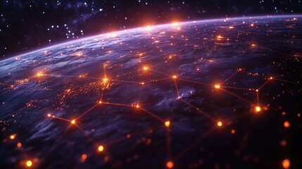 Obraz premium A glowing network of lines connects city lights on Earth, seen from space.