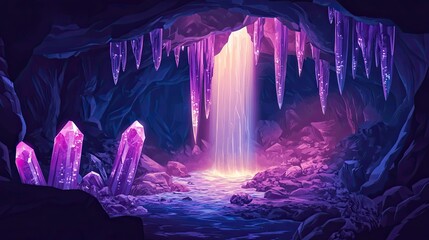 A Mystical Purple Cave with a Waterfall and Crystals