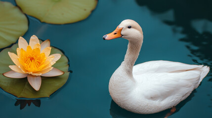 Obraz premium serene white duck glides gracefully on calm waters beside vibrant yellow lily pad, creating peaceful and picturesque scene